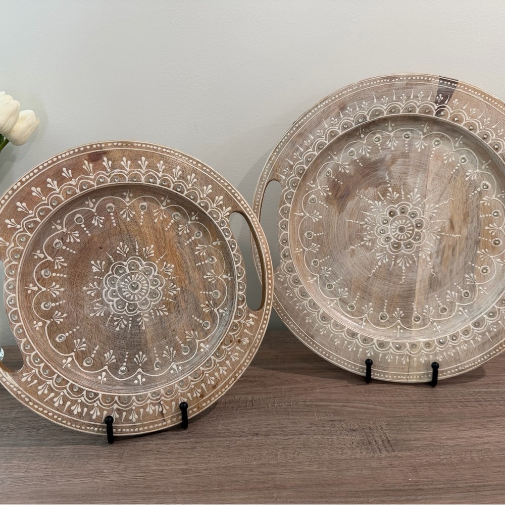 Unique, Hand-crafted, Decorative Wooden Tray Set with Beautiful Intricate Design